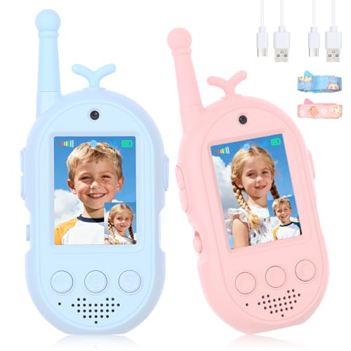 mafiti Kids Video Walkie Talkies 2 Pack - Rechargeable with Voice Changer & Sticker Effects, 1000ft Range, Blue+Pink, Gifts for Boys Girls Ages 3-12