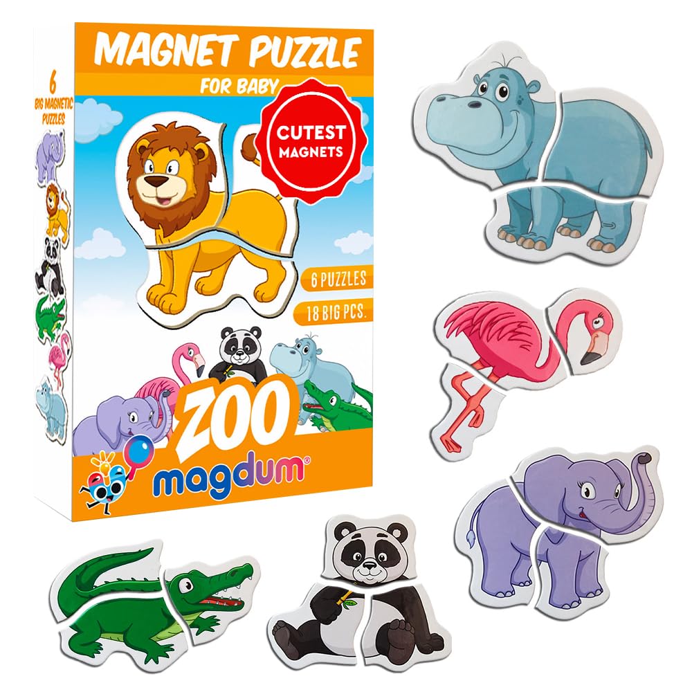 Magdum Magnetic Puzzles for Toddlers – 18 Large Fridge Magnet Pieces in 6 Animal Designs, Travel-Friendly Educational Toy for Kids Ages 3+