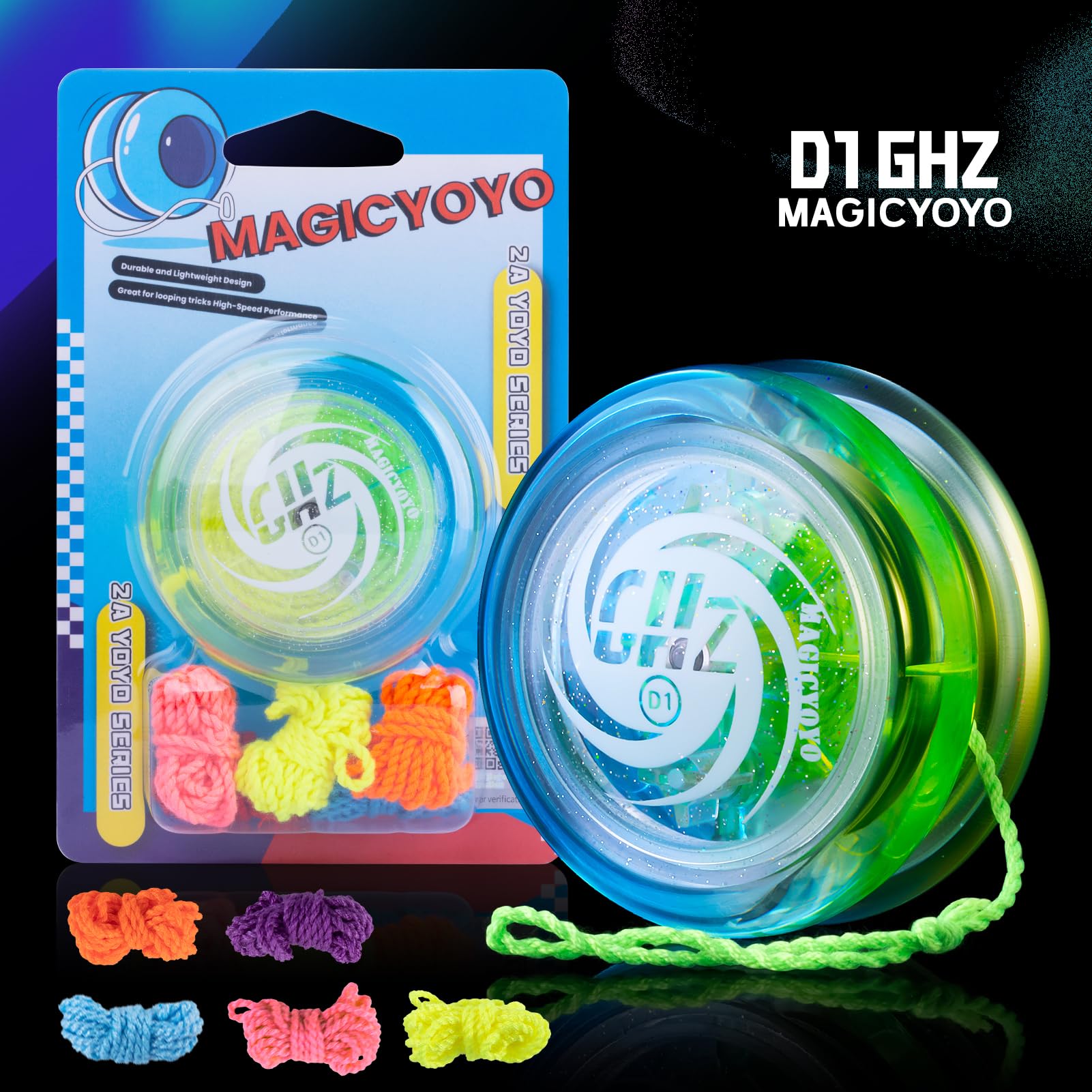 MAGICYOYO D1 CHZ Responsive Looping Yoyo for Beginners – Durable PC Plastic 2A Yoyo with Starburst Return, Blue-Yellow Gradient, 6 Extra Strings