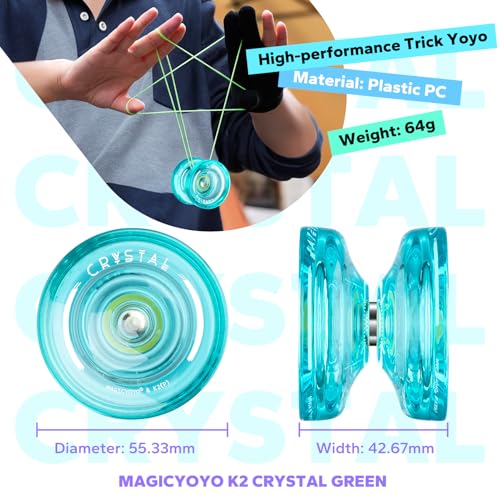 MAGICYOYO K2 Crystal Finger Spin Yoyo - Responsive Beginner Yo-yo for Kids 8-12, Durable PC Plastic with 12 Strings, Glove & Bag (Crystal Green)
