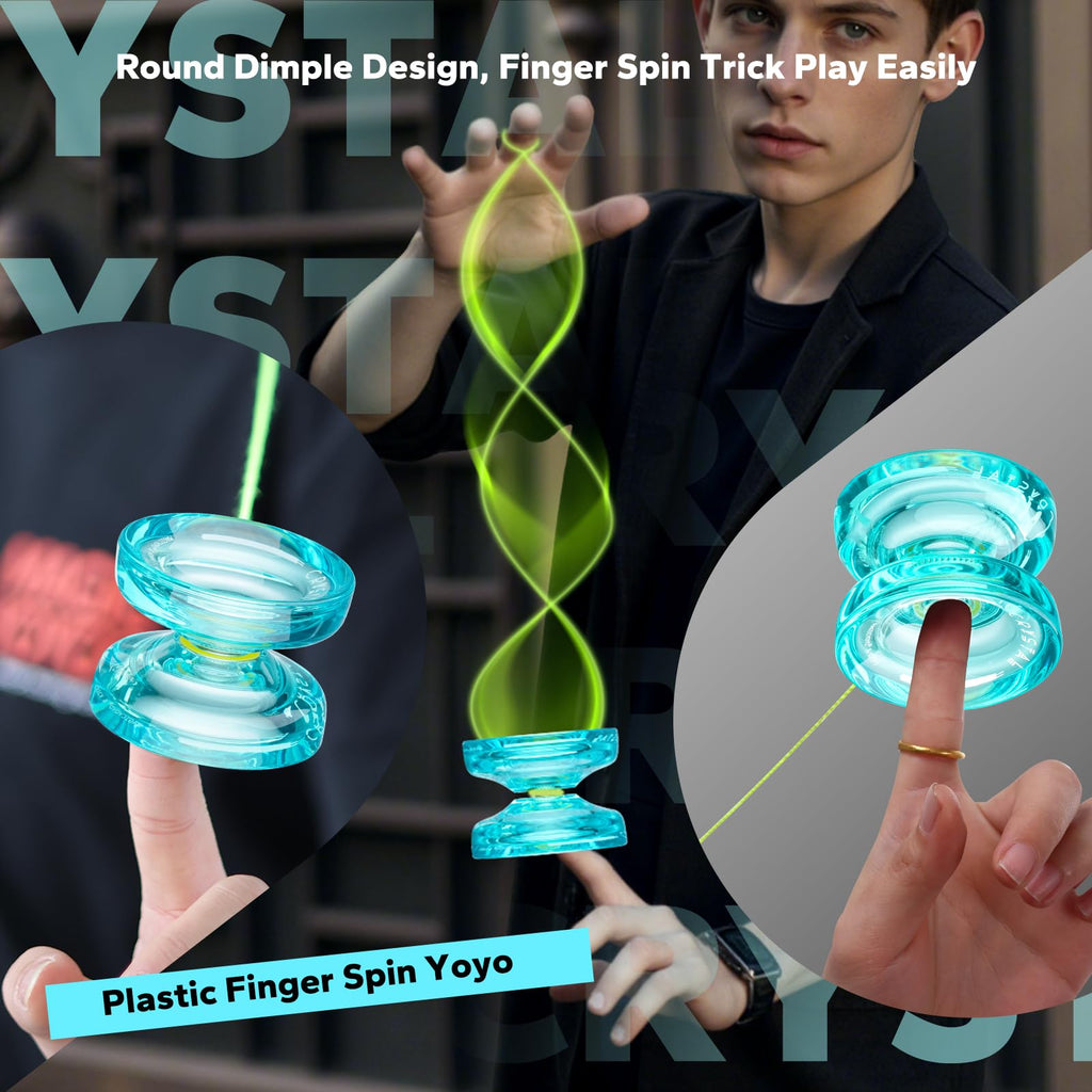 MAGICYOYO K2 Crystal Finger Spin Yoyo - Responsive Beginner Yo-yo for Kids 8-12, Durable PC Plastic with 12 Strings, Glove & Bag (Crystal Green)