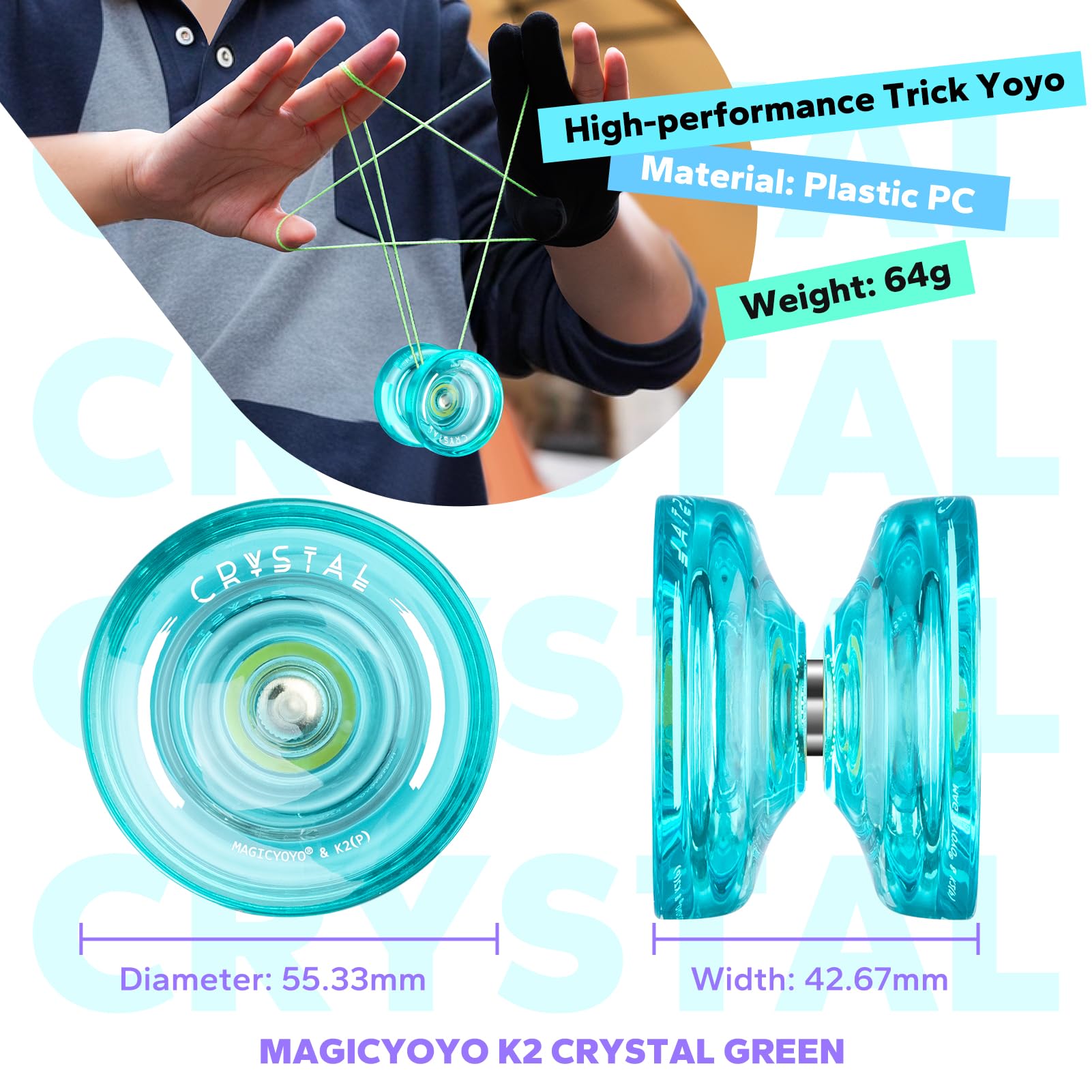 MAGICYOYO K2 Crystal Finger Spin Yoyo - Responsive Beginner Yo-yo for Kids 8-12, Durable PC Plastic with 12 Strings, Glove & Bag (Crystal Green)