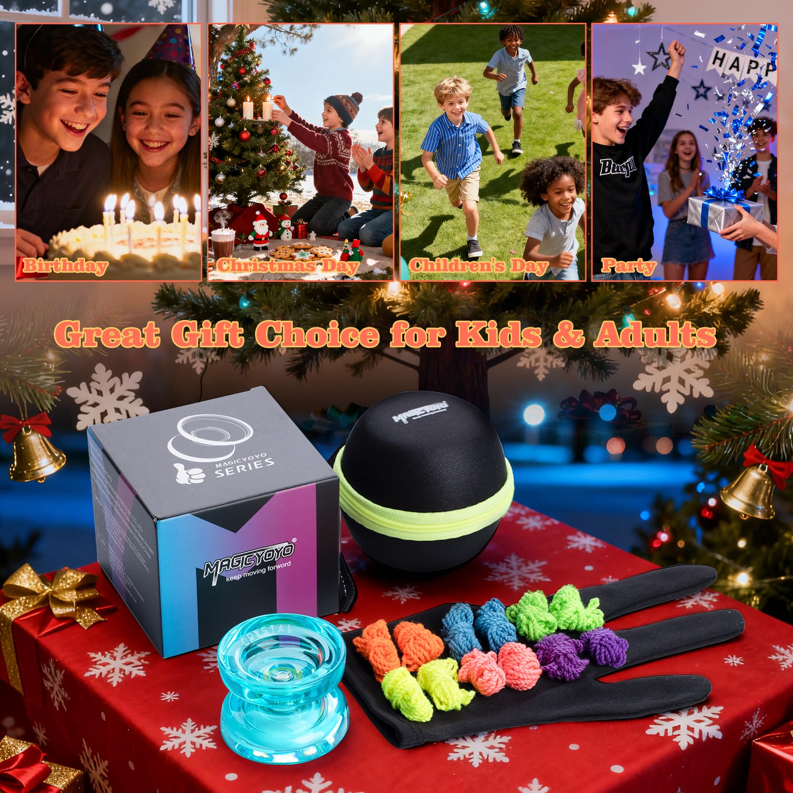 MAGICYOYO K2 Crystal Finger Spin Yoyo - Responsive Beginner Yo-yo for Kids 8-12, Durable PC Plastic with 12 Strings, Glove & Bag (Crystal Green)