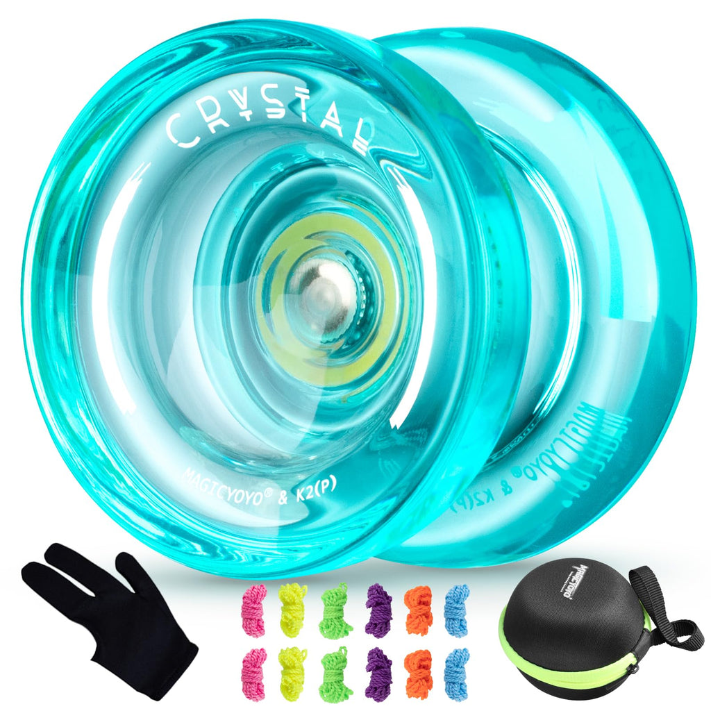 MAGICYOYO K2 Crystal Finger Spin Yoyo - Responsive Beginner Yo-yo for Kids 8-12, Durable PC Plastic with 12 Strings, Glove & Bag (Crystal Green)