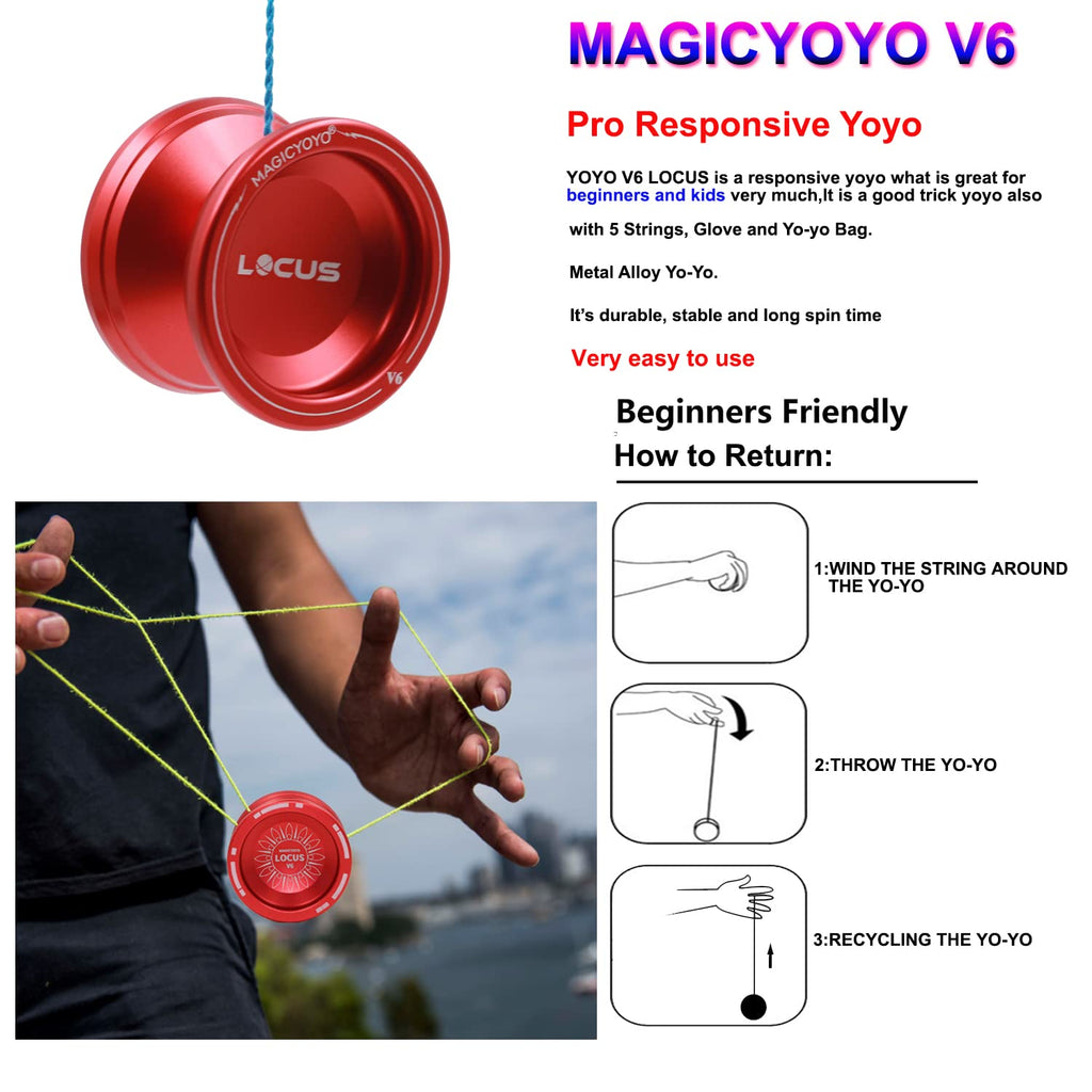 MAGICYOYO V6 Locus Responsive Yo-Yo – Red, Aluminum Alloy, Beginner Kit with Glove and Strings