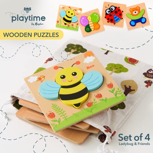 MAGIFIRE Wooden Puzzles Set of 4 – Animal Toddler Puzzles with Chunky Pieces and Storage Bag for Ages 1-3