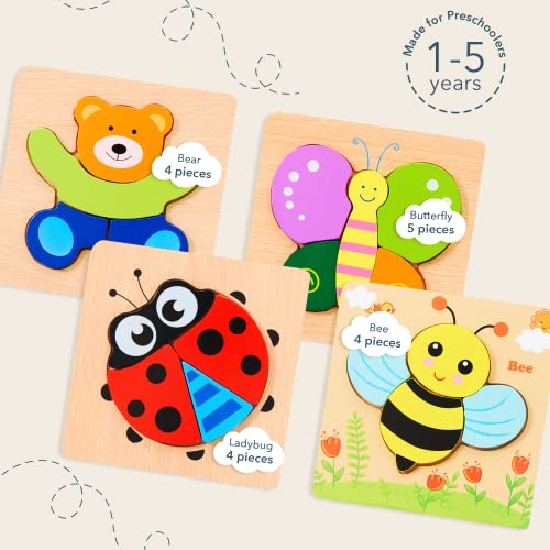 MAGIFIRE Wooden Puzzles Set of 4 – Animal Toddler Puzzles with Chunky Pieces and Storage Bag for Ages 1-3