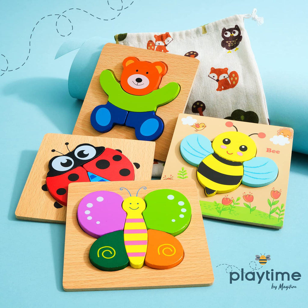 MAGIFIRE Wooden Puzzles Set of 4 – Animal Toddler Puzzles with Chunky Pieces and Storage Bag for Ages 1-3