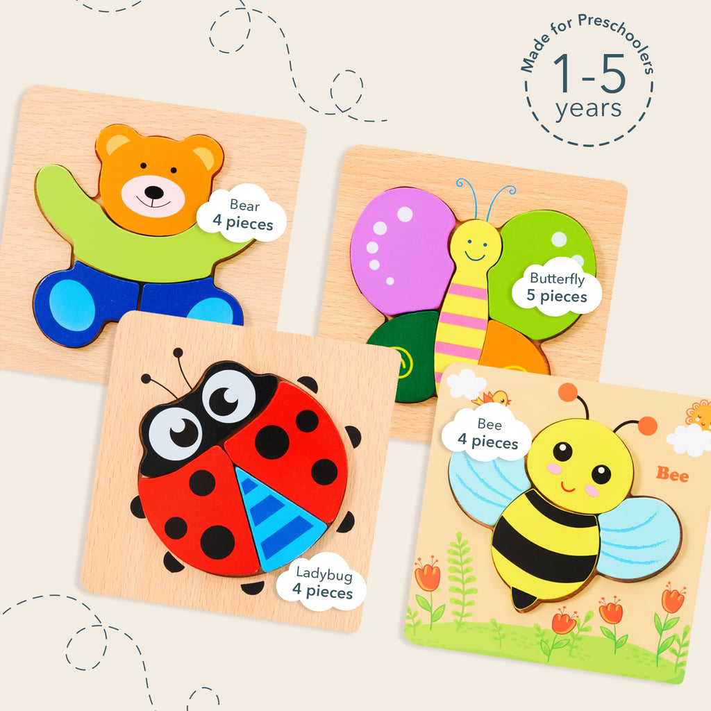 MAGIFIRE Wooden Puzzles Set of 4 – Animal Toddler Puzzles with Chunky Pieces and Storage Bag for Ages 1-3