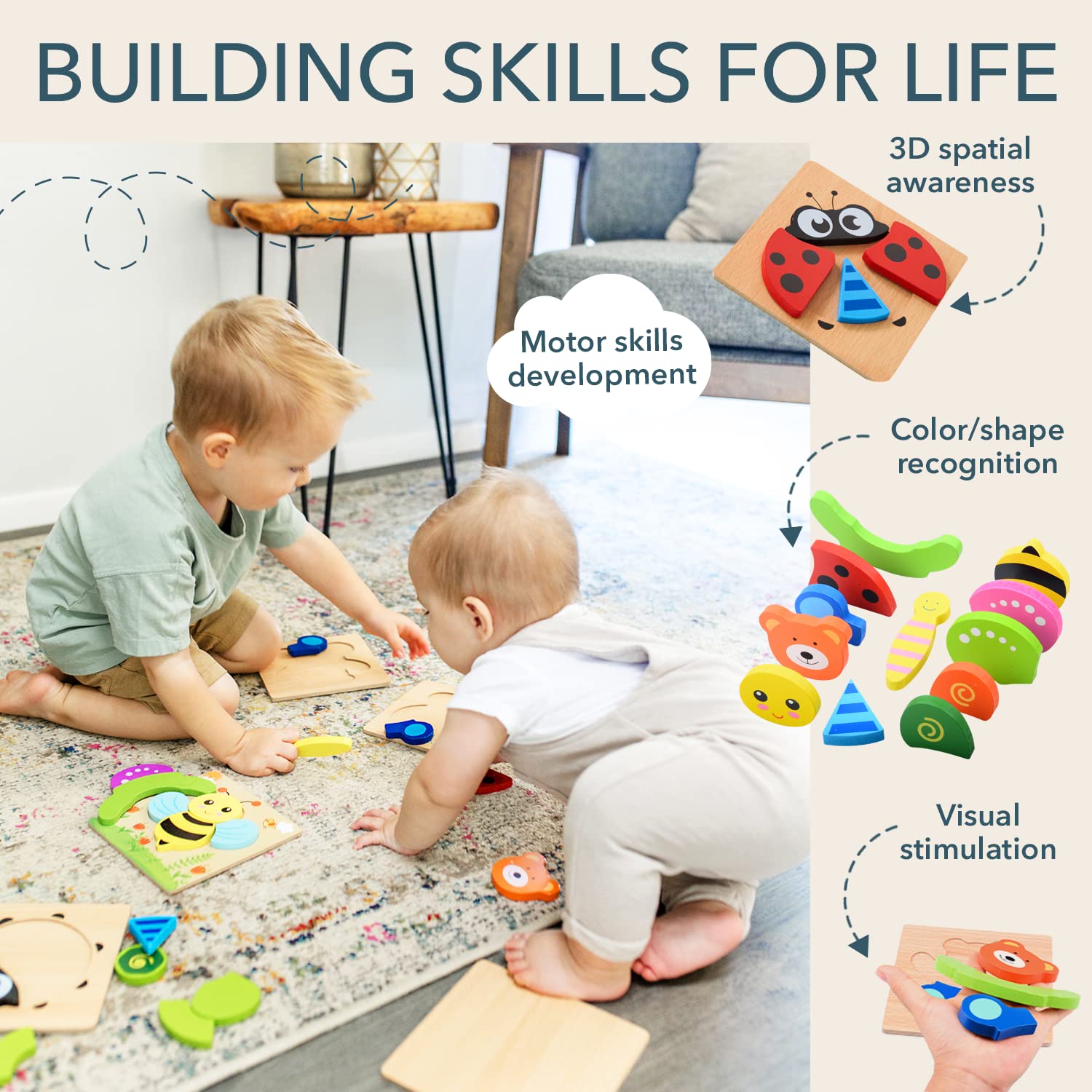 MAGIFIRE Wooden Puzzles Set of 4 – Animal Toddler Puzzles with Chunky Pieces and Storage Bag for Ages 1-3