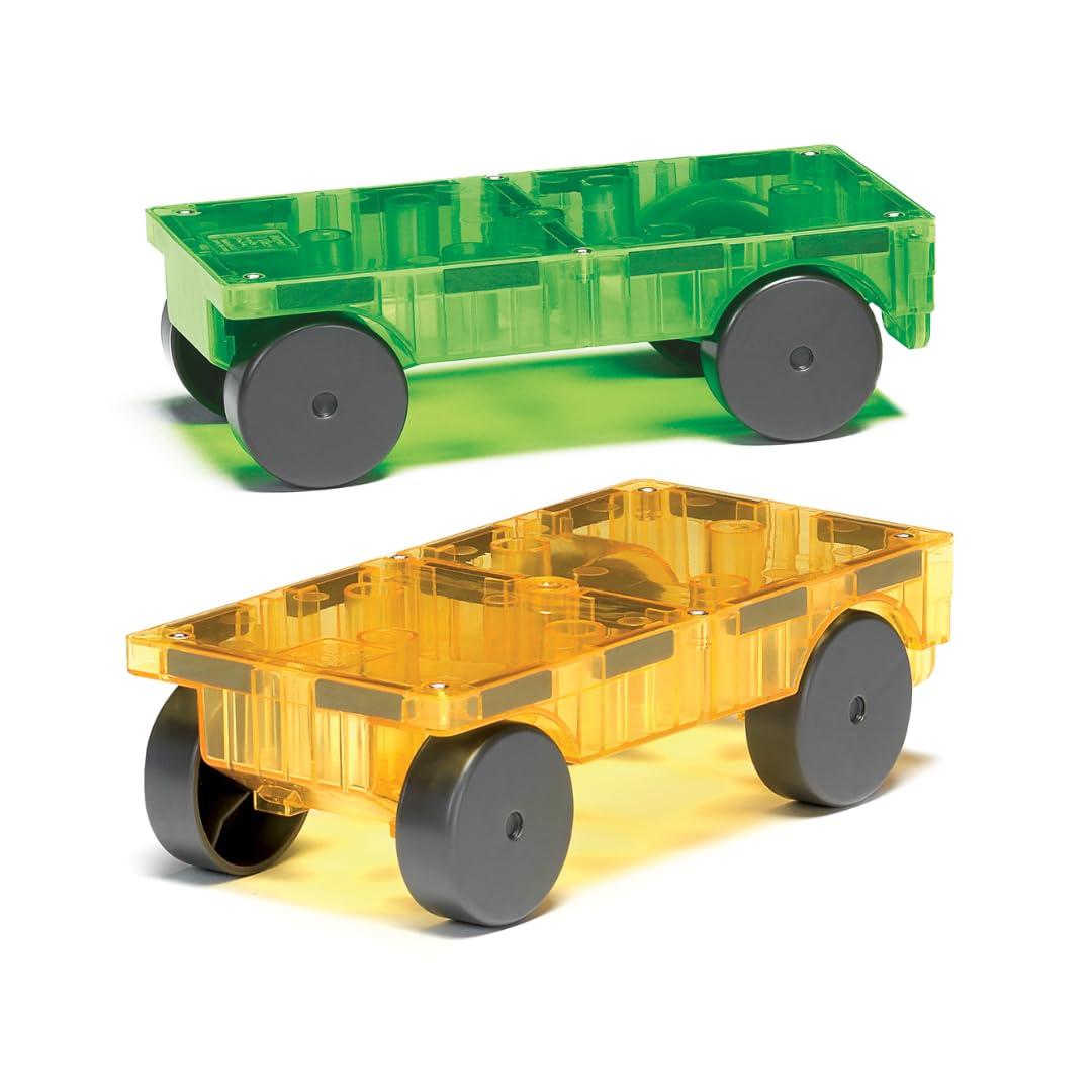 MAGNA-TILES Cars – Green & Yellow 2-Piece Magnetic Building Set – Build Cars, Trucks, Trains