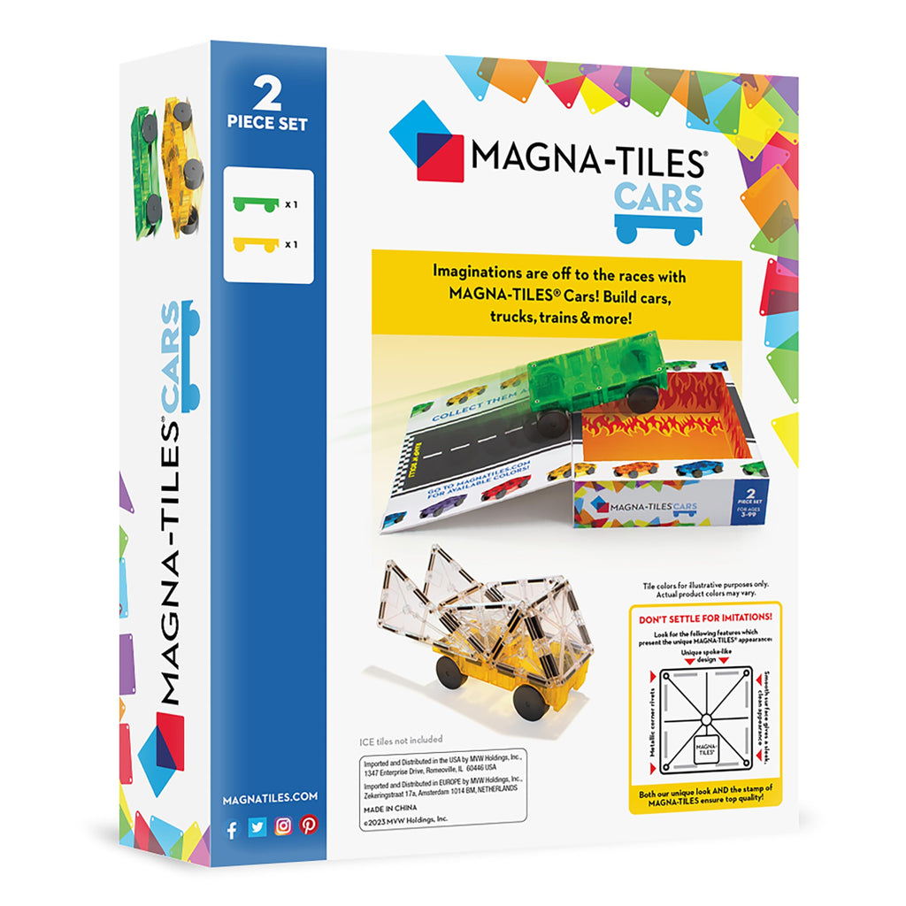 MAGNA-TILES Cars – Green & Yellow 2-Piece Magnetic Building Set – Build Cars, Trucks, Trains