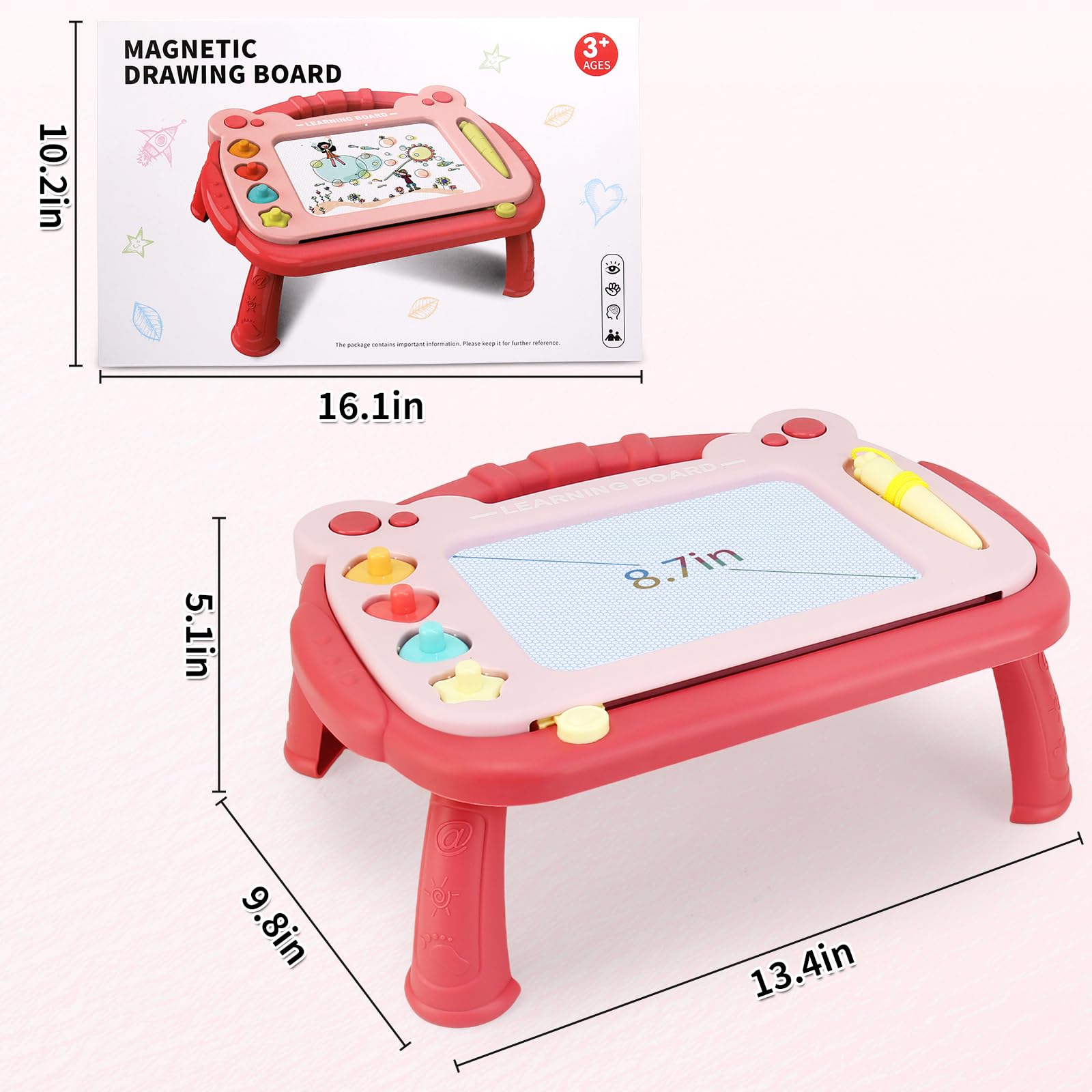 Magnetic Drawing Board for Toddlers 3-5 - Portable Doodle Pad with Pen Tether, 4 Colors, and Stamps (Red)