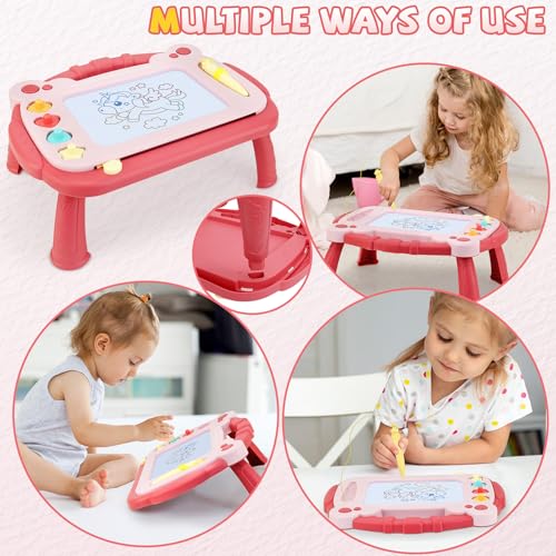 Magnetic Drawing Board for Toddlers 3-5 - Portable Doodle Pad with Pen Tether, 4 Colors, and Stamps (Red)