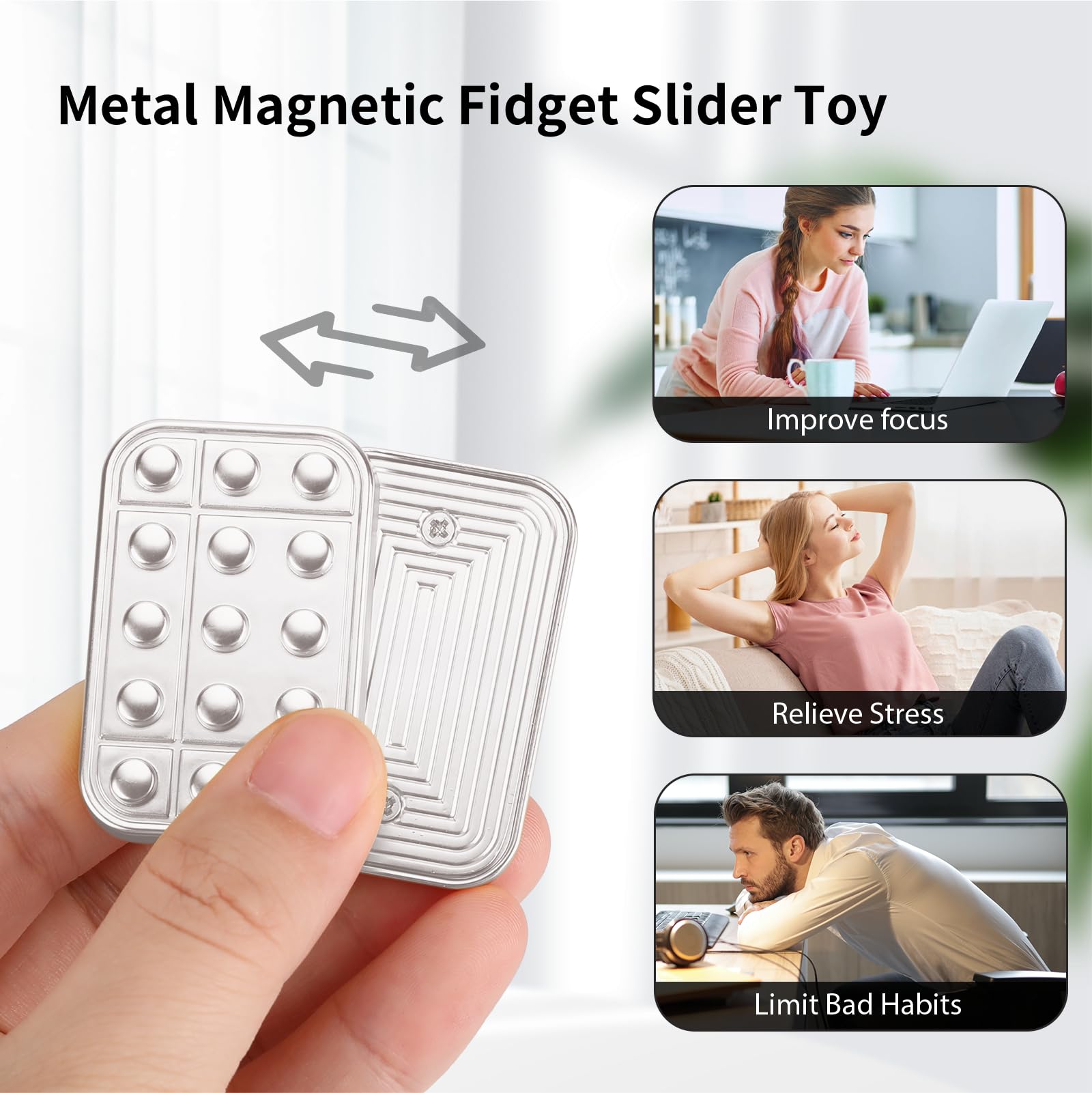 Magnetic Fidget Slider for Adults – Metal Zinc Alloy EDC Toy (Silver)