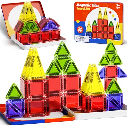 Magnetic Tiles Travel Toys with Storage Case – Portable STEM Building Blocks for Kids 3-8, Airplane Activities & On-The-Go Gift for Boys & Girls