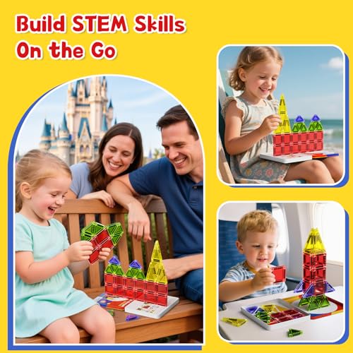 Magnetic Tiles Travel Toys with Storage Case – Portable STEM Building Blocks for Kids 3-8, Airplane Activities & On-The-Go Gift for Boys & Girls