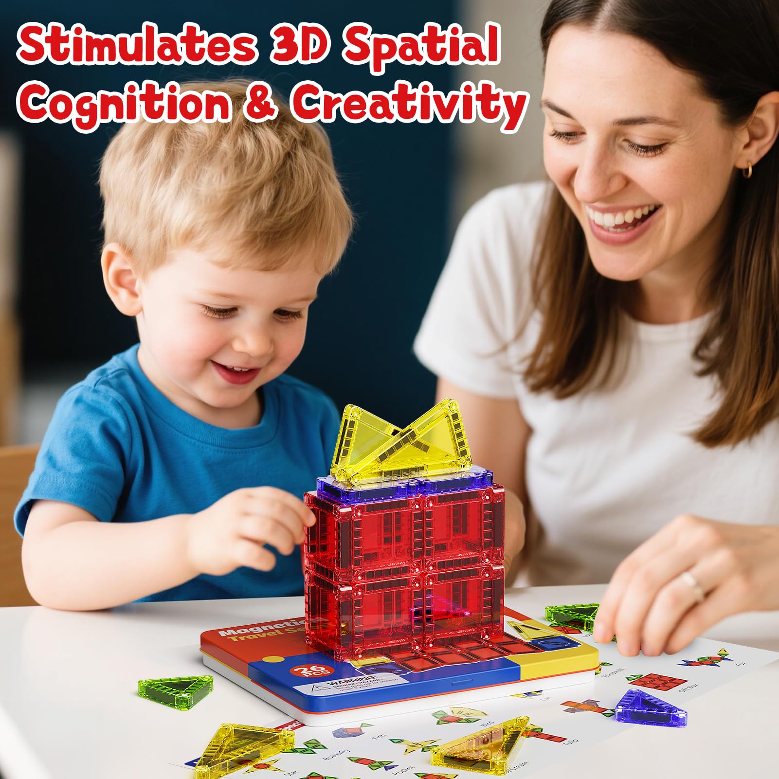 Magnetic Tiles Travel Toys with Storage Case – Portable STEM Building Blocks for Kids 3-8, Airplane Activities & On-The-Go Gift for Boys & Girls