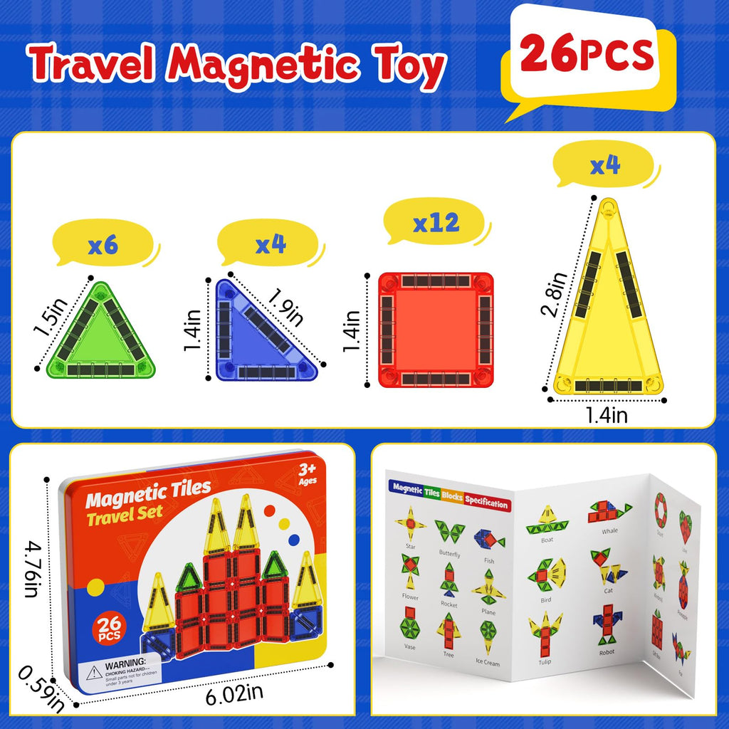 Magnetic Tiles Travel Toys with Storage Case – Portable STEM Building Blocks for Kids 3-8, Airplane Activities & On-The-Go Gift for Boys & Girls