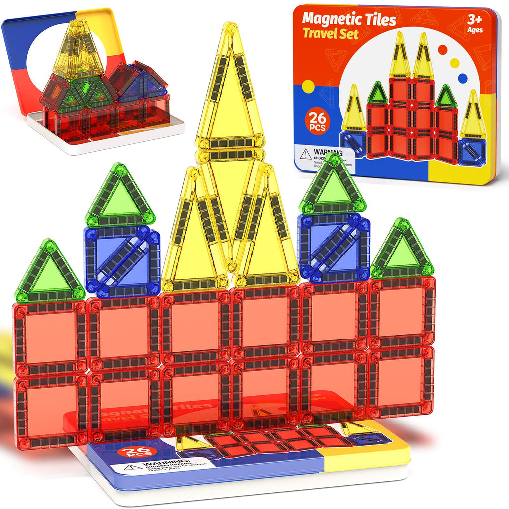 Magnetic Tiles Travel Toys with Storage Case – Portable STEM Building Blocks for Kids 3-8, Airplane Activities & On-The-Go Gift for Boys & Girls