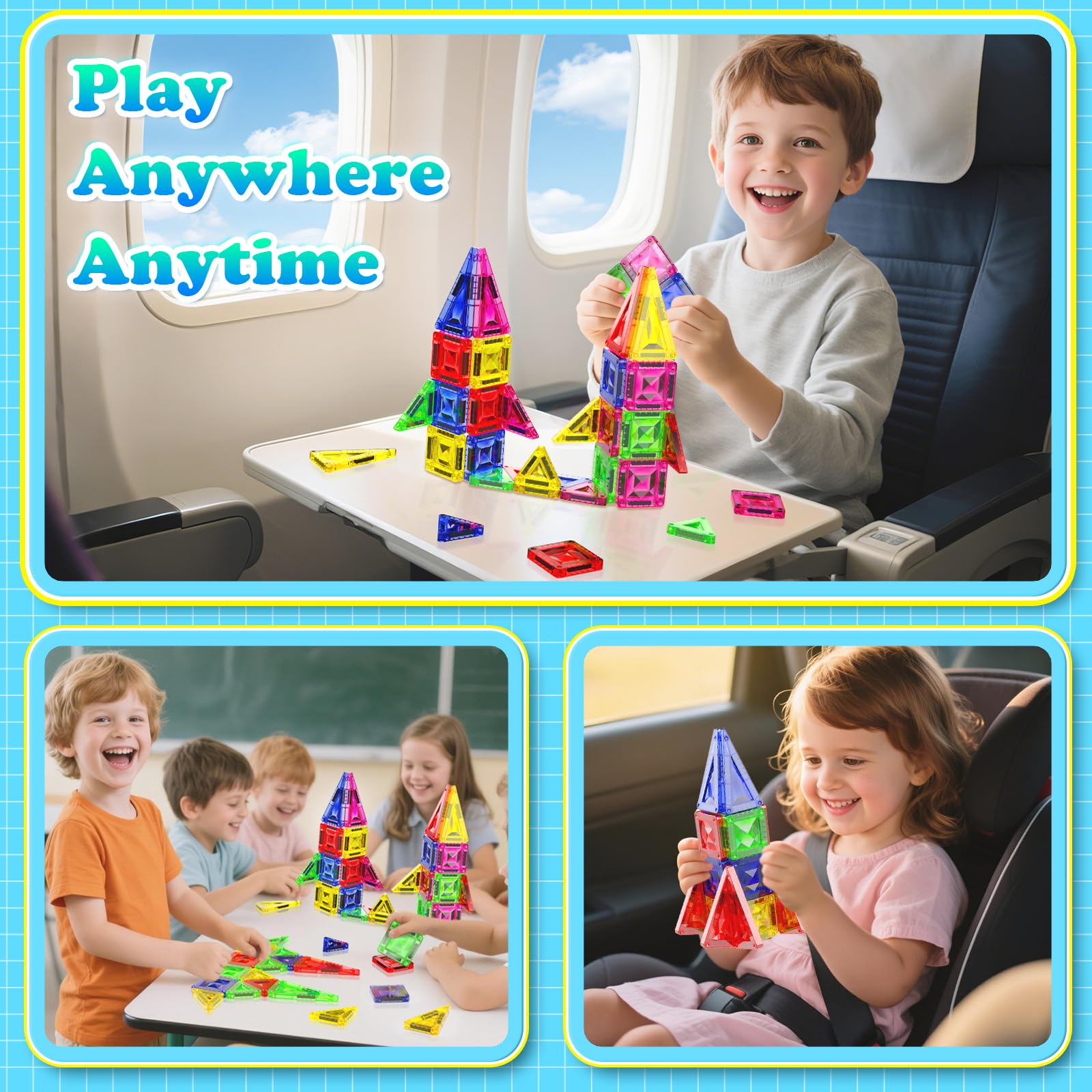 Magnetopia 40-Piece Diamond Texture Magnetic Tiles with Iron Box – STEM Building Set for Ages 3-8