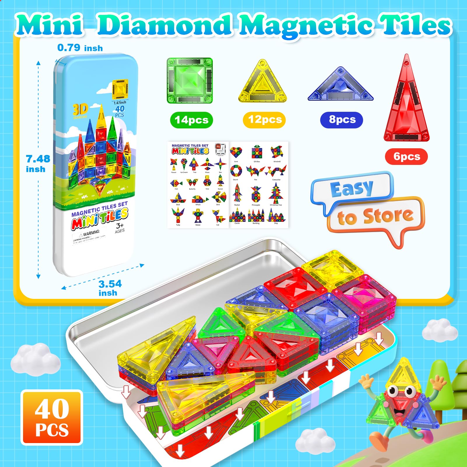 Magnetopia 40-Piece Diamond Texture Magnetic Tiles with Iron Box – STEM Building Set for Ages 3-8