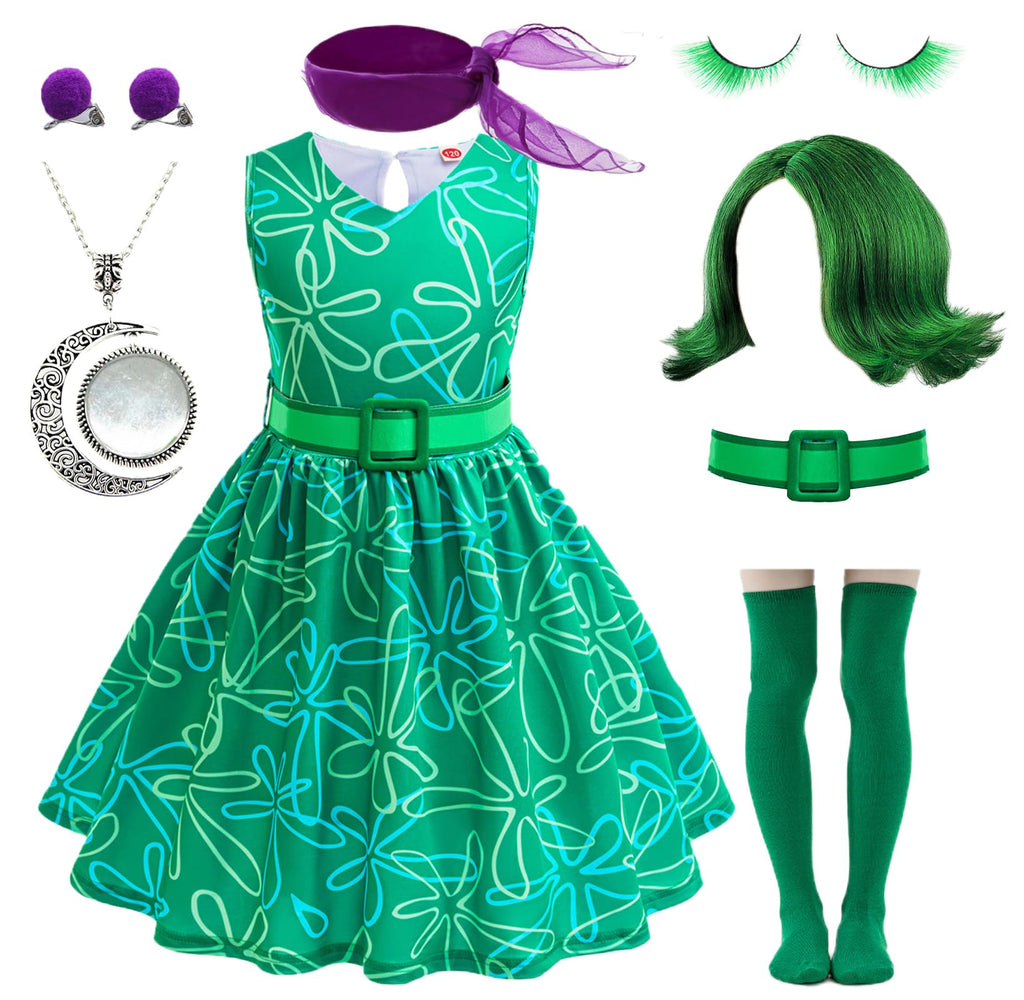 Magwei Girls Disgust Costume Set with Wig - Green Cosplay Dress for Halloween, Birthday, and Christmas (Ages 4-12)