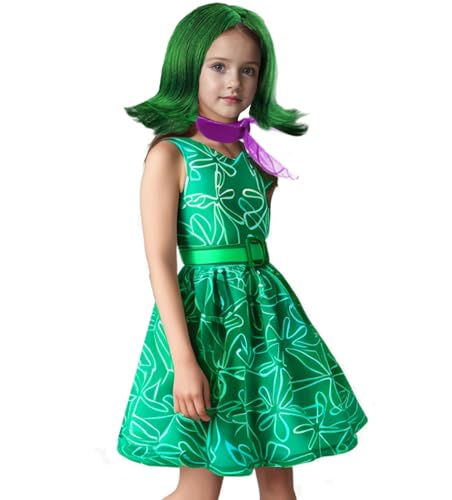 Magwei Girls Disgust Costume Set with Wig - Green Cosplay Dress for Halloween, Birthday, and Christmas (Ages 4-12)