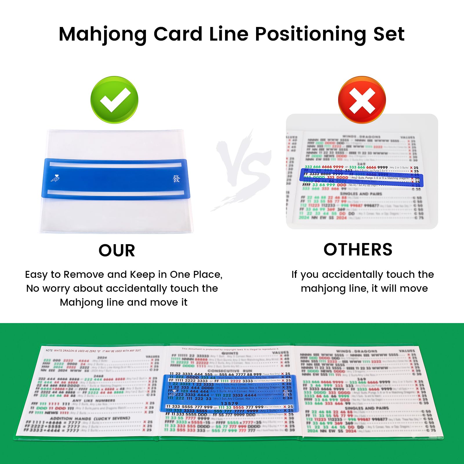 Mahjong Card Line Positioning Set – 4 Line Finders + 4 Card Sleeves, Blue, for 2026 Large Cards