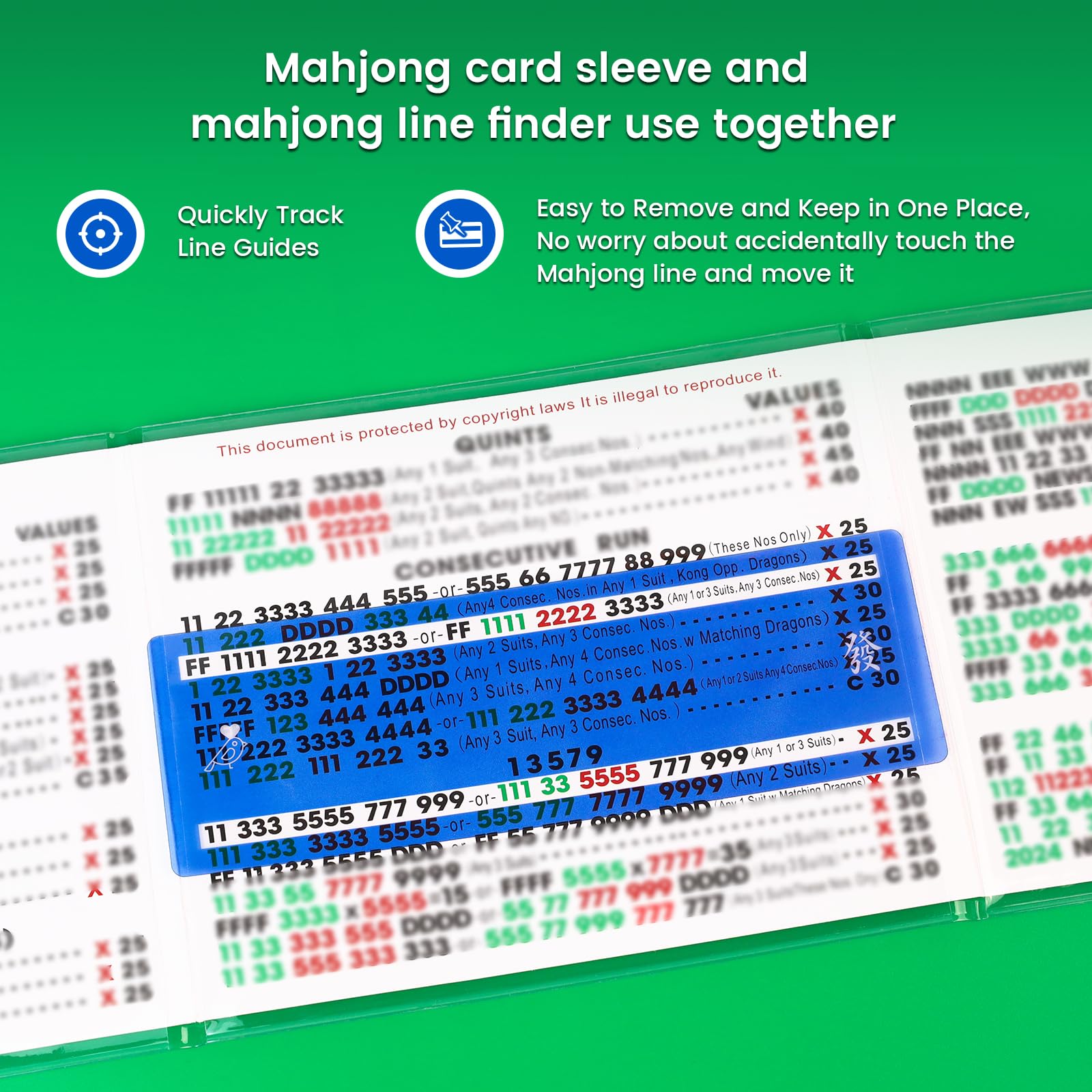 Mahjong Card Line Positioning Set – 4 Line Finders + 4 Card Sleeves, Blue, for 2026 Large Cards