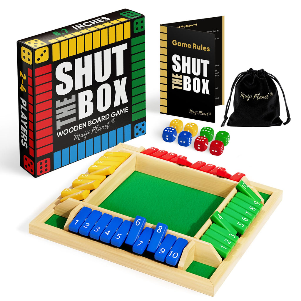 Maiji Planet Classic Original Shut the Box – Wooden Dice Game for 2–4 Players, Family Night & Classroom Fun