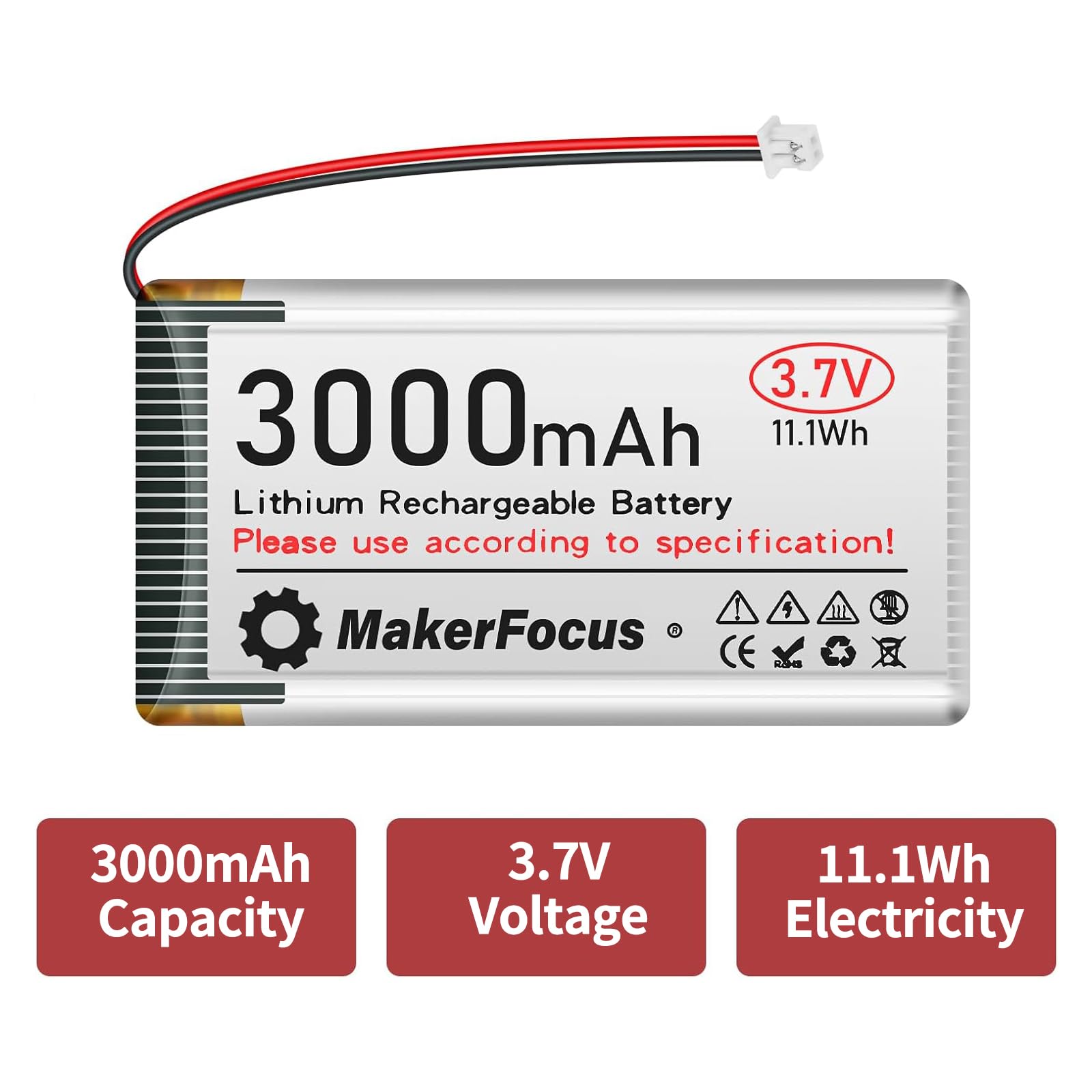 MakerFocus 3.7V 3000mAh LiPo Battery with Protection Board and JST 1.25 Plug for ESP32 LoRa Mesh Node T114