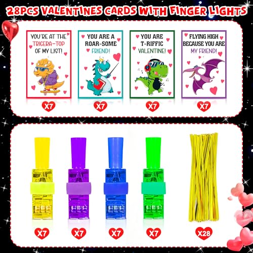 Malhaii 28 Dinosaur Valentine Cards with Glow Finger Lights – Classroom Exchange Party Favors for Kids