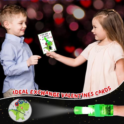 Malhaii 28 Dinosaur Valentine Cards with Glow Finger Lights – Classroom Exchange Party Favors for Kids