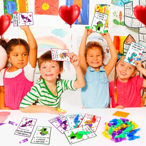 Malhaii 28 Dinosaur Valentine Cards with Glow Finger Lights – Classroom Exchange Party Favors for Kids