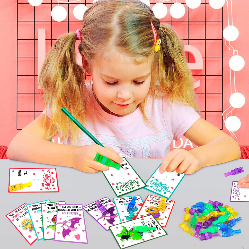 Malhaii 28 Dinosaur Valentine Cards with Glow Finger Lights – Classroom Exchange Party Favors for Kids