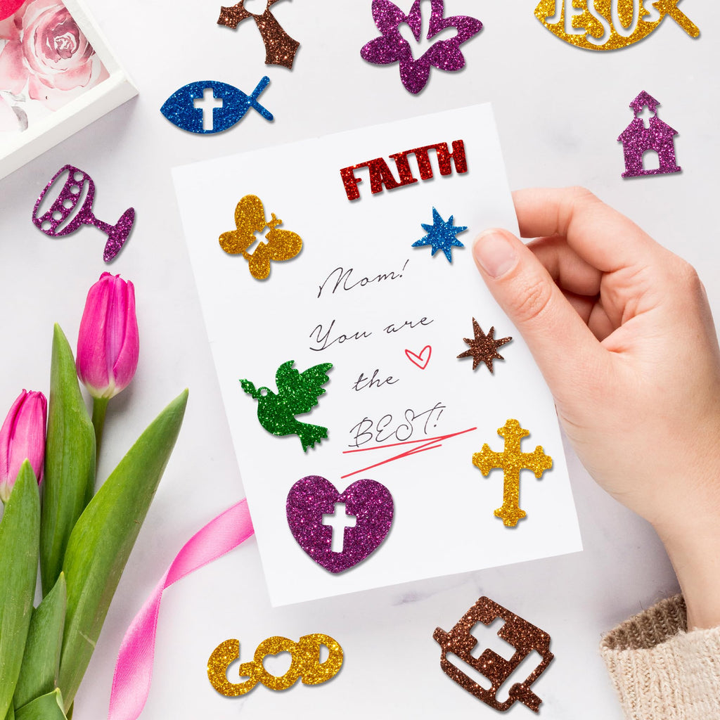 MALLMALL6 500pcs Christian Glitter Stickers – Foam Self-Adhesive Crosses for Kids Crafts and Decor