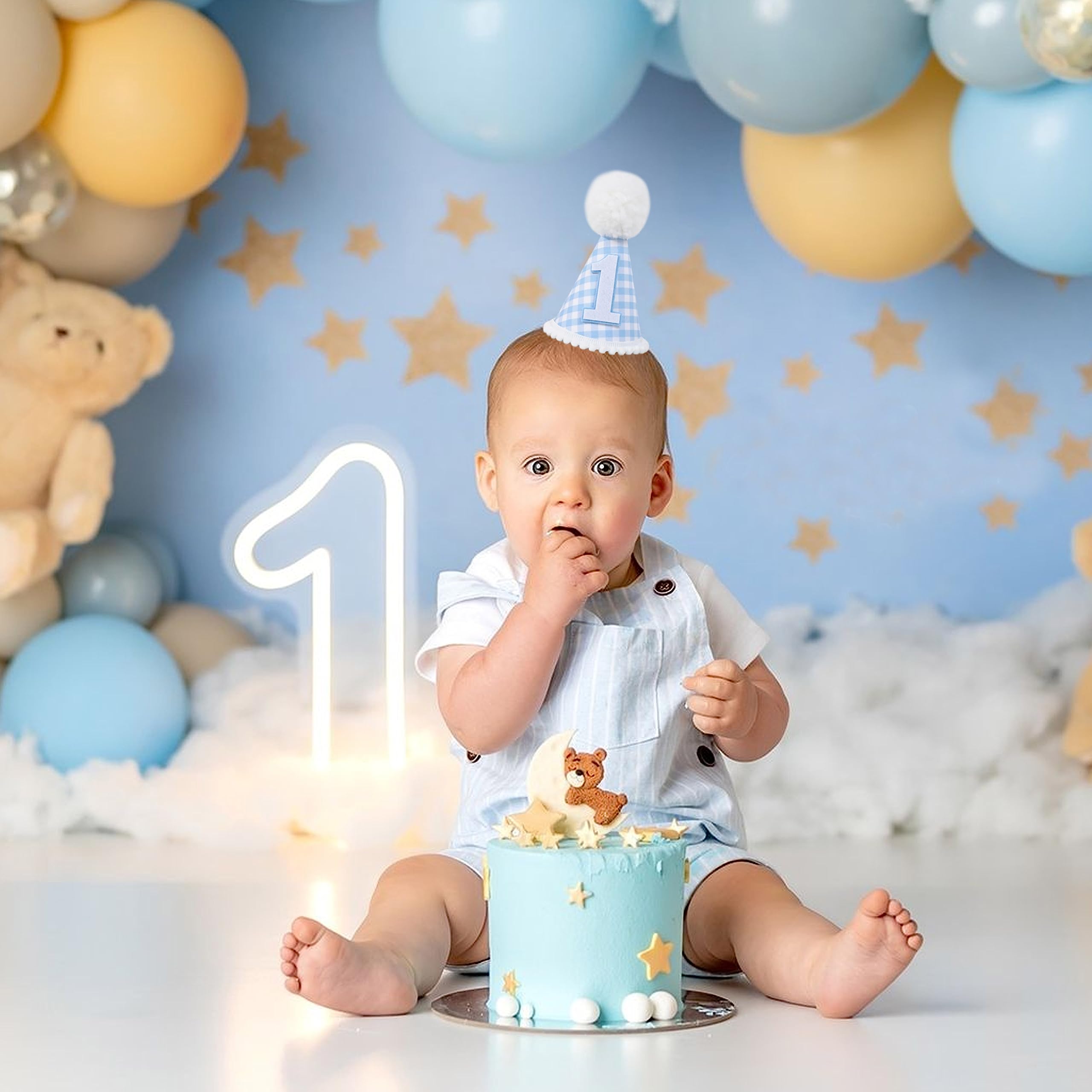 MAMUXI Gingham Party Hat for 1st Birthday – Unisex Baby Costume Headwear