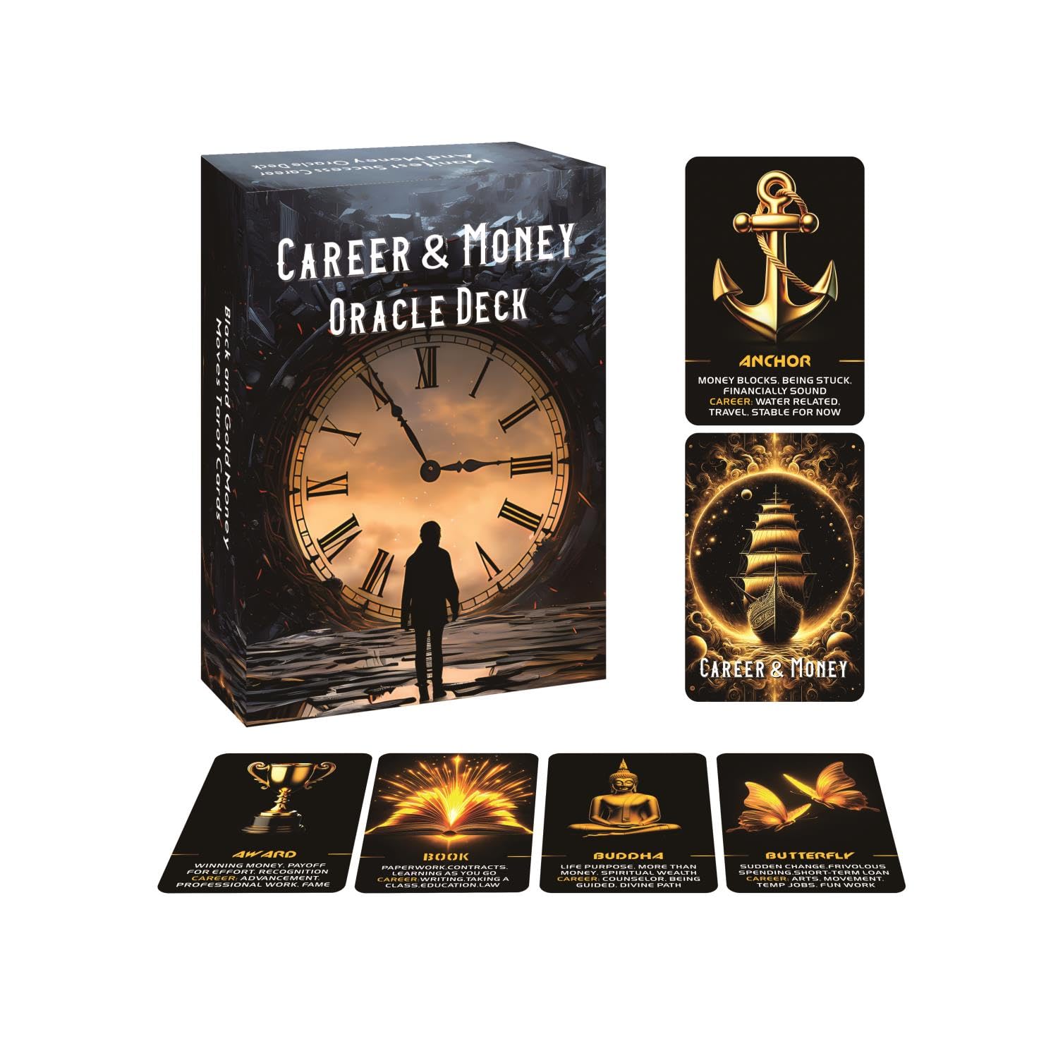 Manifest Success Career and Money Oracle Deck – 40 Black and Gold Money Moves Oracle Cards with Meanings on Each Card