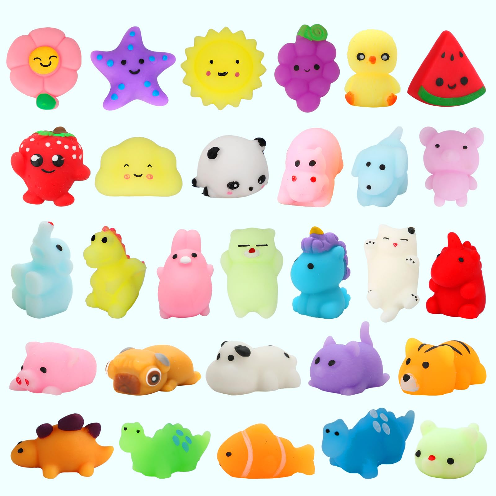 Mantyplay 60-Pack Kawaii Mochi Squishy Toys - Mini Animal & Fruit Squishies for Kids, Classroom Prizes, Party Favors, Sensory Fidget Toys