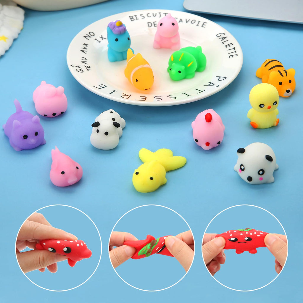 Mantyplay 60-Pack Kawaii Mochi Squishy Toys - Mini Animal & Fruit Squishies for Kids, Classroom Prizes, Party Favors, Sensory Fidget Toys