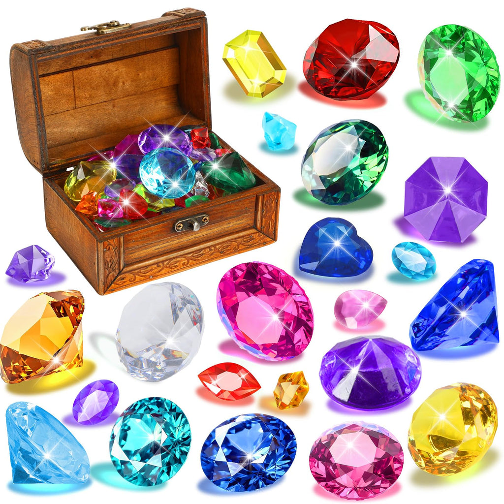 MARFOREVER Large Diving Gems Pool Toys – 48 Acrylic Diamonds with Wooden Treasure Chest for Kids Summer Swim Games