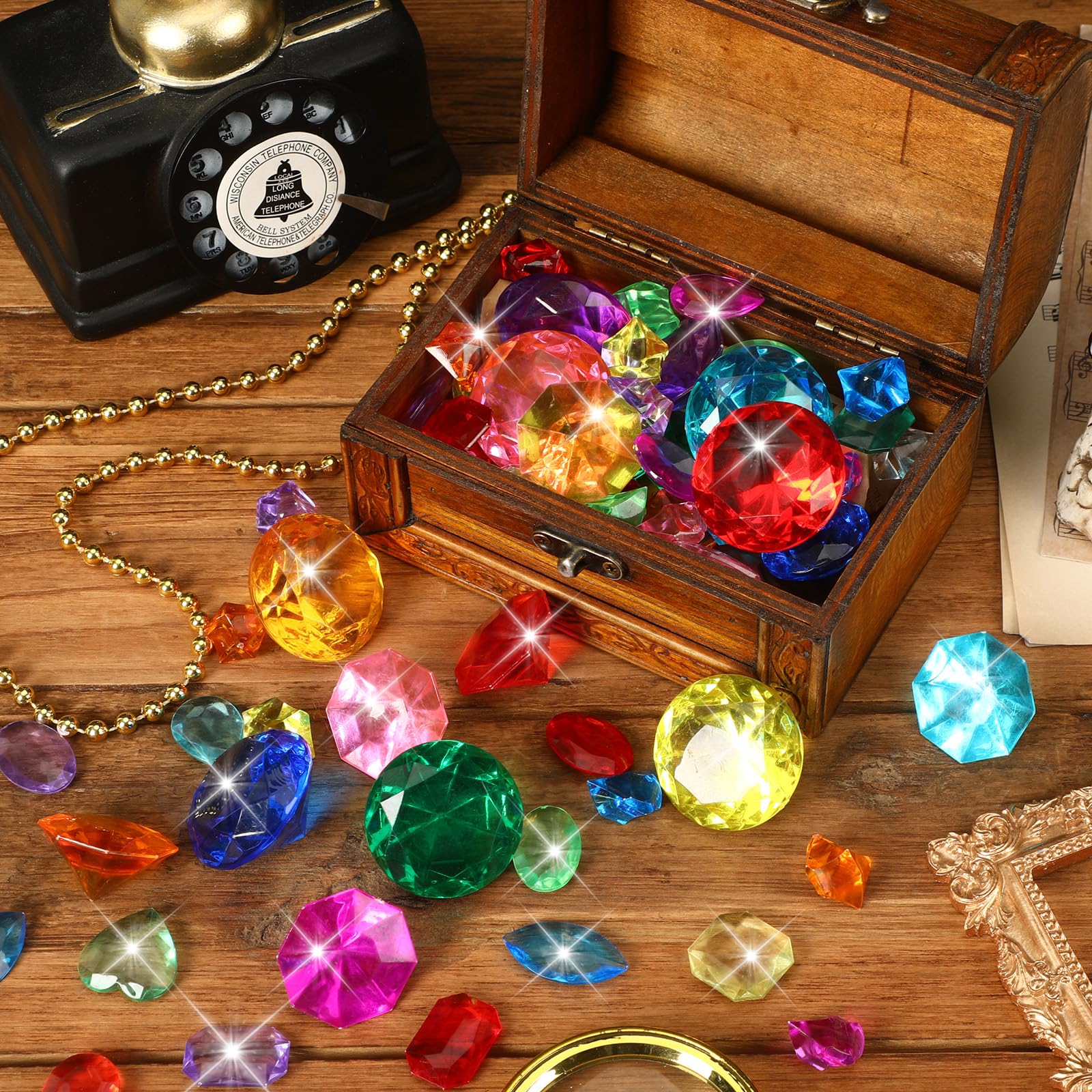 MARFOREVER Large Diving Gems Pool Toys – 48 Acrylic Diamonds with Wooden Treasure Chest for Kids Summer Swim Games