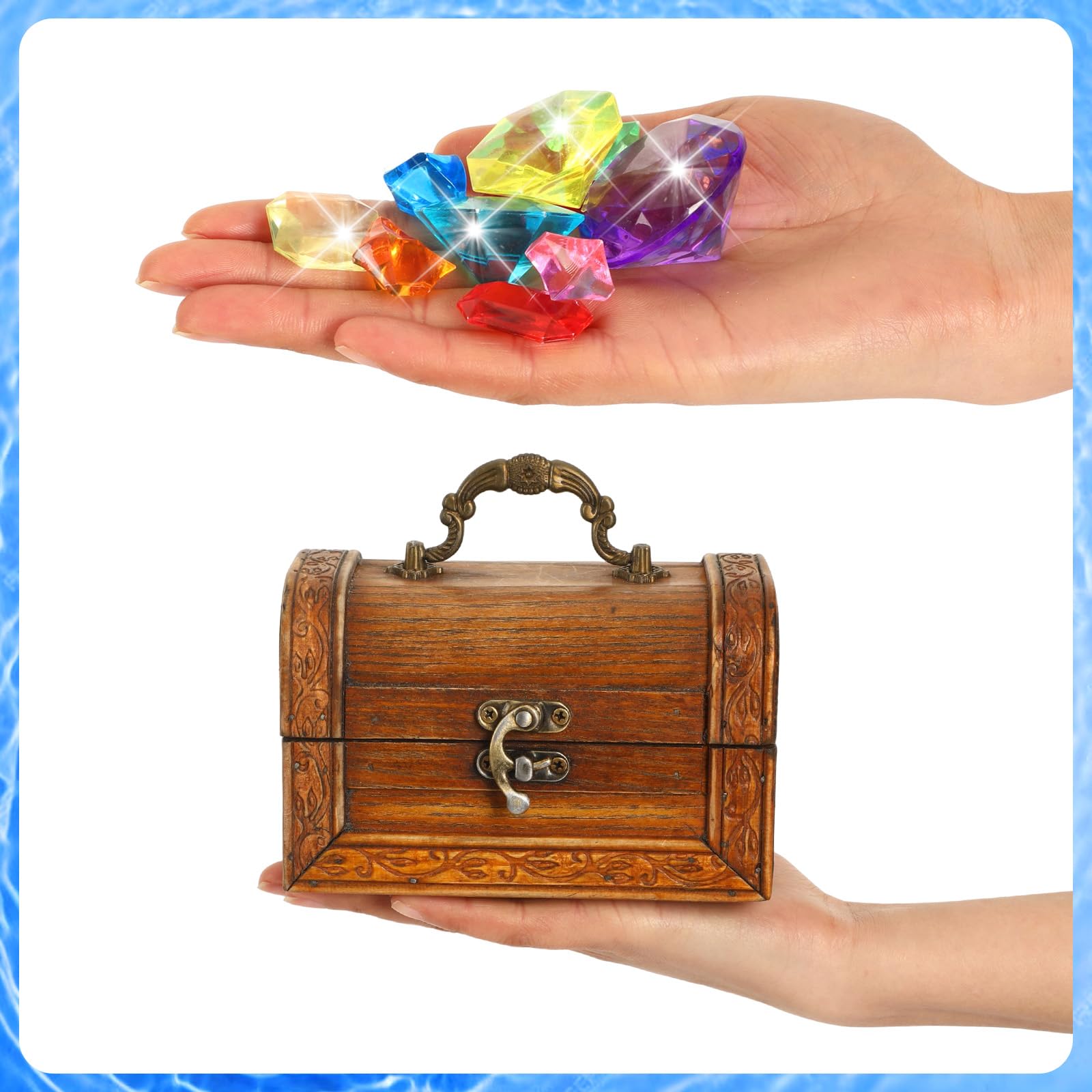 MARFOREVER Large Diving Gems Pool Toys – 48 Acrylic Diamonds with Wooden Treasure Chest for Kids Summer Swim Games