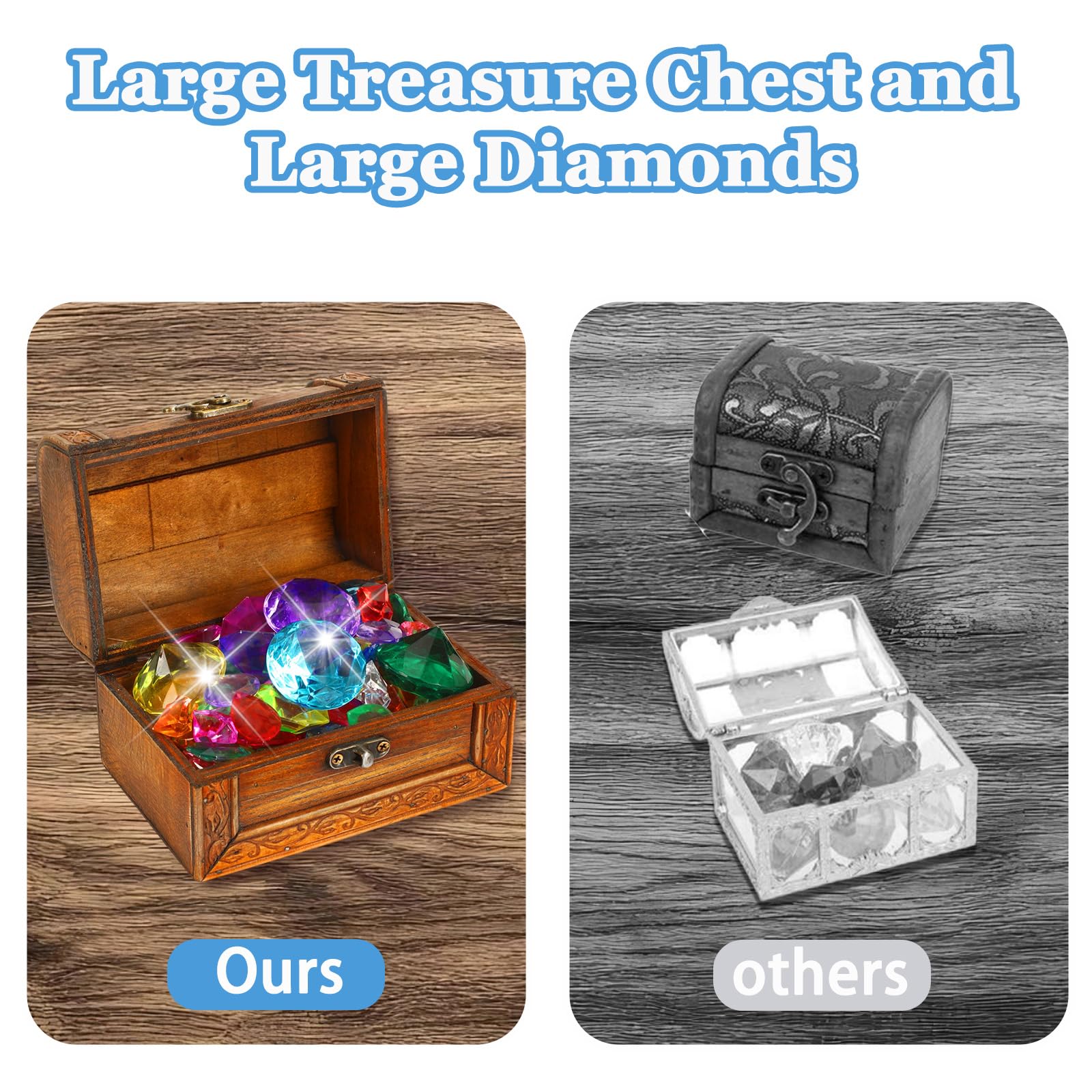 MARFOREVER Large Diving Gems Pool Toys – 48 Acrylic Diamonds with Wooden Treasure Chest for Kids Summer Swim Games