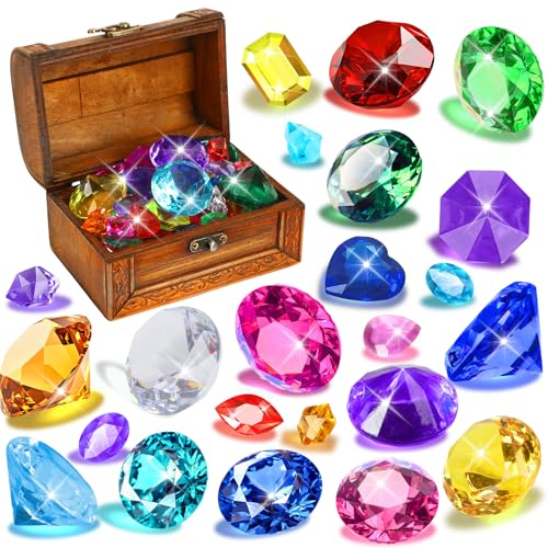 MARFOREVER Large Diving Gems Pool Toys – 48 Acrylic Diamonds with Wooden Treasure Chest for Kids Summer Swim Games