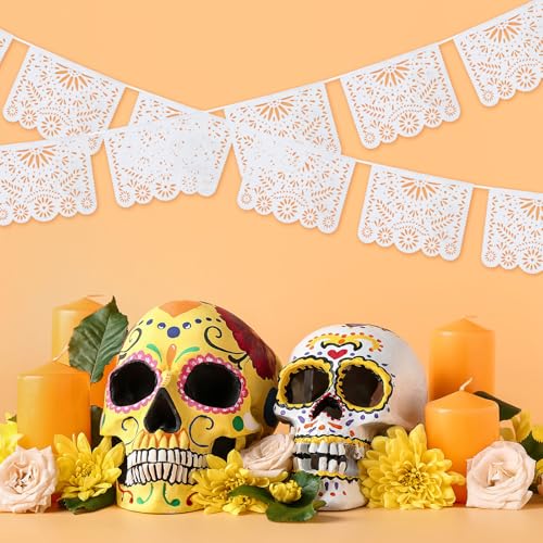 MARFOREVER White Papel Picado Banner 33 Ft – 2-Pack Plastic Mexican Fiesta Decor for Day of the Dead, Weddings, and Baby Showers