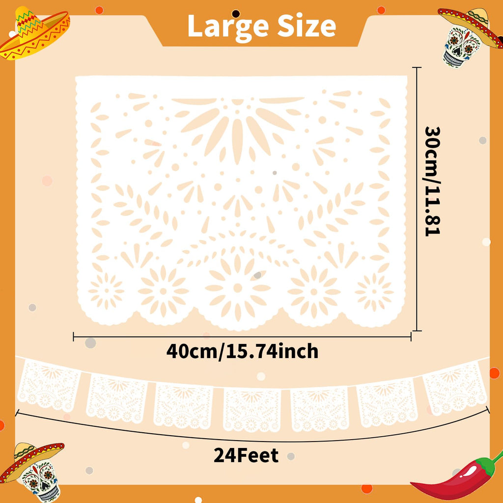 MARFOREVER White Papel Picado Banner 33 Ft – 2-Pack Plastic Mexican Fiesta Decor for Day of the Dead, Weddings, and Baby Showers