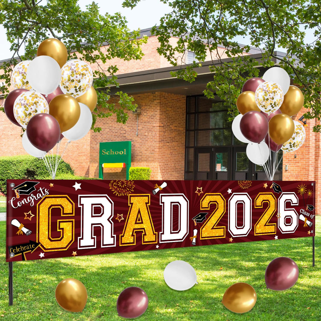 Maroon and Gold Graduation Yard Sign Banner Class of 2026 with Balloons Kit