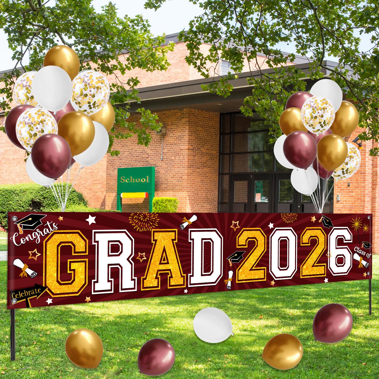Maroon and Gold Graduation Yard Sign Banner Class of 2026 with Balloons Kit